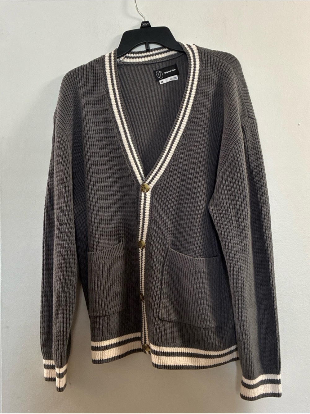 Original Use Charcoal Gray Cardigan with Cream Stripe Trim
